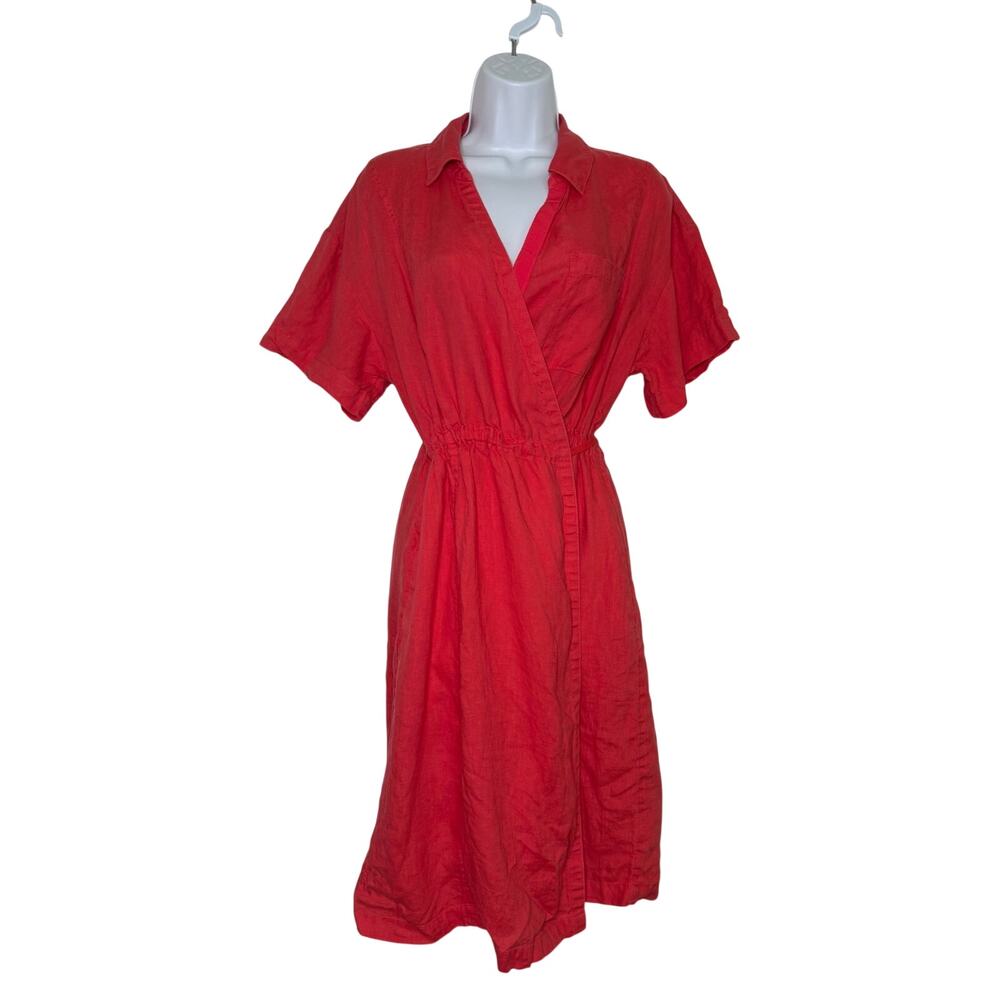 Athleta Playa Wrap Dress Coral SIZE 12 100% Linen Pockets Cover Up Beach